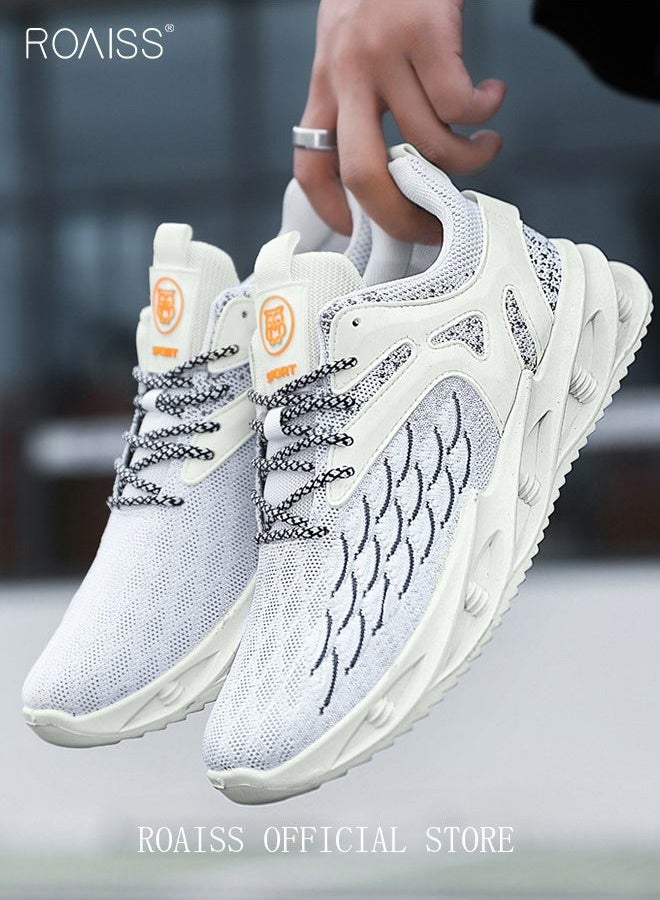roaiss New Men Flyknit Mesh Running Shoes Comfort Breathable Elastic Sole Sneakers Mens Outdoor Non Slip Jogging Sport Shoes Trendy Casual Lightweight Walking Shoes White  - Image 3