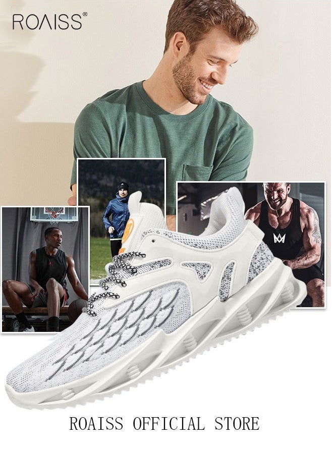 roaiss New Men Flyknit Mesh Running Shoes Comfort Breathable Elastic Sole Sneakers Mens Outdoor Non Slip Jogging Sport Shoes Trendy Casual Lightweight Walking Shoes White  - Image 5