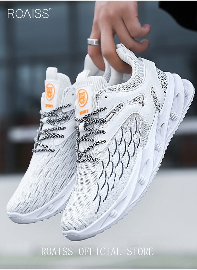 roaiss - New Men Flyknit Mesh Running Shoes Comfort Breathable Elastic Sole Sneakers Mens Outdoor Non Slip Jogging Sport Shoes Trendy Casual Lightweight Walking Shoes White - Image 1