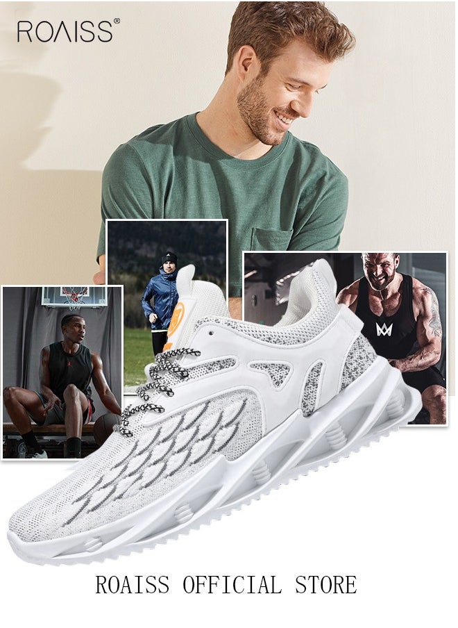 roaiss - New Men Flyknit Mesh Running Shoes Comfort Breathable Elastic Sole Sneakers Mens Outdoor Non Slip Jogging Sport Shoes Trendy Casual Lightweight Walking Shoes White - Image 1