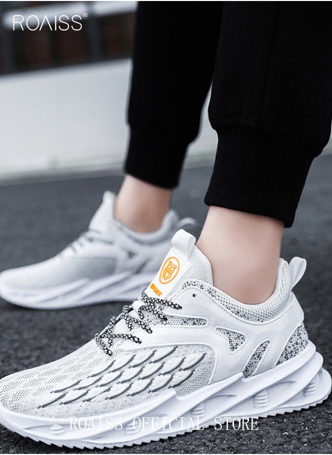 roaiss - New Men Flyknit Mesh Running Shoes Comfort Breathable Elastic Sole Sneakers Mens Outdoor Non Slip Jogging Sport Shoes Trendy Casual Lightweight Walking Shoes White - Image 1