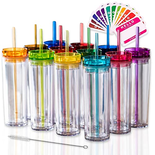 STRATA CUPS 12 Colored Skinny Tumblers with Lids and Straws | 16oz Reusable Cup Double-Wall Clear Tumbler with Lid and Straw, Durable Acrylic Tumblers With FREE Straw Cleaner & Name Tags - Image 1