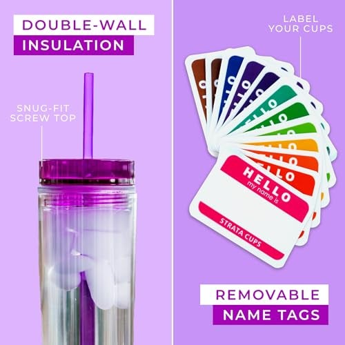 STRATA CUPS 12 Colored Skinny Tumblers with Lids and Straws | 16oz Reusable Cup Double-Wall Clear Tumbler with Lid and Straw, Durable Acrylic Tumblers With FREE Straw Cleaner & Name Tags - Image 3