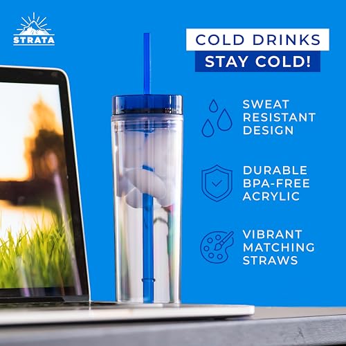 STRATA CUPS 12 Colored Skinny Tumblers with Lids and Straws | 16oz Reusable Cup Double-Wall Clear Tumbler with Lid and Straw, Durable Acrylic Tumblers With FREE Straw Cleaner & Name Tags - Image 4