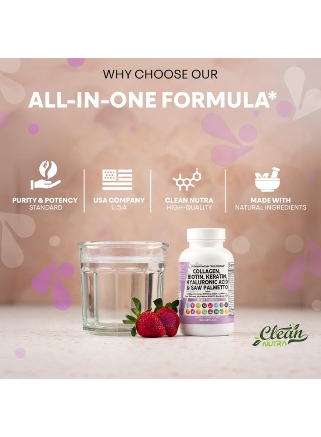 كلين نيوتراسيوتيكالز حبوب كولاجين من كلين نوتراسيوتيكالز 1000 ملغ بيوتين 10000 ميكروغرام كيراتين منشار بالميتو حمض الهيالورونيك - فيتامينات البشرة والاظافر وحاجز دي اتش تي مع فيتامين E وحمض الفوليك وبذور اليقطين MSM - 90 - Image 3
