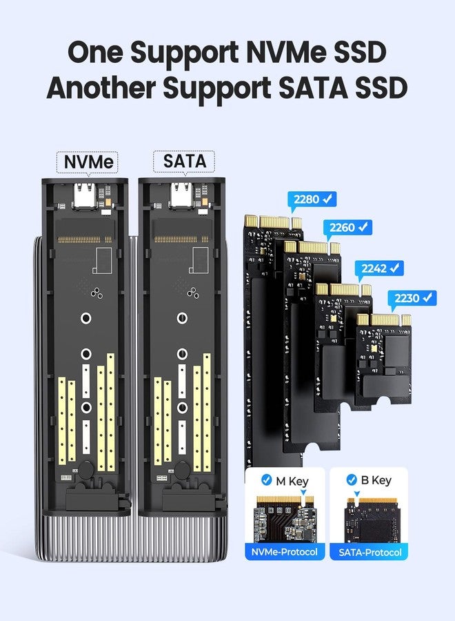 أوريكو علبة أقراص ORICO ثنائية M.2 NVMe مع SATA SSD، محول USB-C إلى M.2 لأقراص M.2 SSD من نوع PCIe M Key وB+M Key 2230/2242/2260/2280 M.2، تركيب بدون أدوات، قارئ M.2 من الألومنيوم يدعم تقنية Trim وUASP حتى 2x4TB - Image 3
