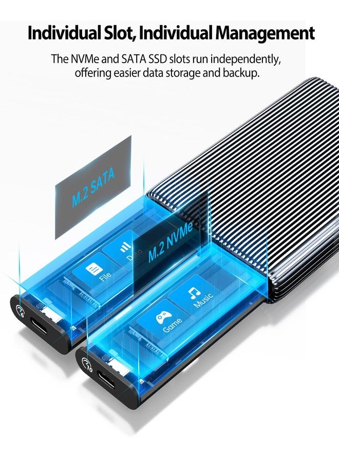 أوريكو علبة أقراص ORICO ثنائية M.2 NVMe مع SATA SSD، محول USB-C إلى M.2 لأقراص M.2 SSD من نوع PCIe M Key وB+M Key 2230/2242/2260/2280 M.2، تركيب بدون أدوات، قارئ M.2 من الألومنيوم يدعم تقنية Trim وUASP حتى 2x4TB - Image 2