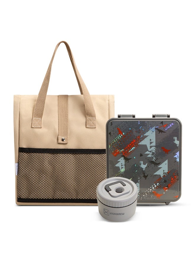 HYDROBREW صندوق غداء هيدروبرو Bento مع حقيبة غداء، وعاء طعام من الفولاذ - ديناصورات رمادي - Image 1