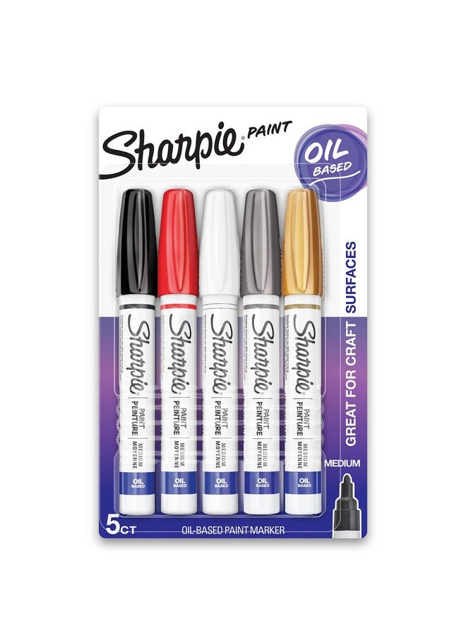Sharpie - Sharpie Oil-Based Paint Markers, Medium Point, Assorted & Metallic Colors, 5 Count - Great for Rock Painting - Image 1