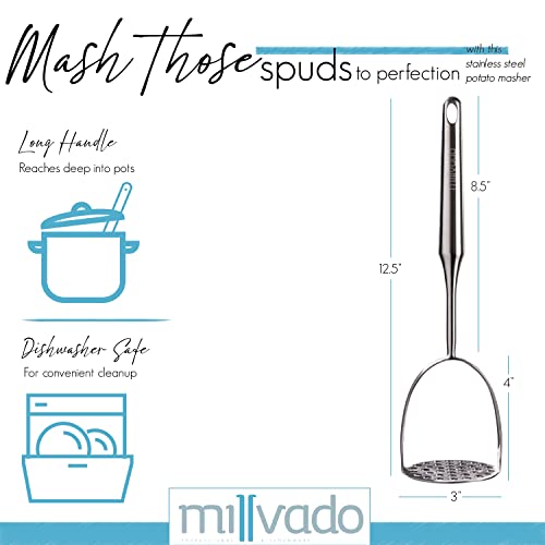 Millvado Potato Masher Stainless Steel, Best Mashed Potatoes Masher Kitchen Tool, Potato Smasher For Potatoe, Avocado, Sweet Potato, Beans, Large Heavy Duty Metal Mashing Utensil, 12.5 Inch - Image 2
