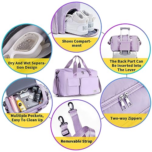 FIORETTO Women's Gym Duffle Bag with Shoes Compartment, 37L Capacity, Ideal for Travel, Gym, Sports, Duffel, Weekender, Lavender - Image 4