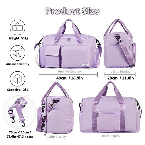 FIORETTO Women's Gym Duffle Bag with Shoes Compartment, 37L Capacity, Ideal for Travel, Gym, Sports, Duffel, Weekender, Lavender - Image 2