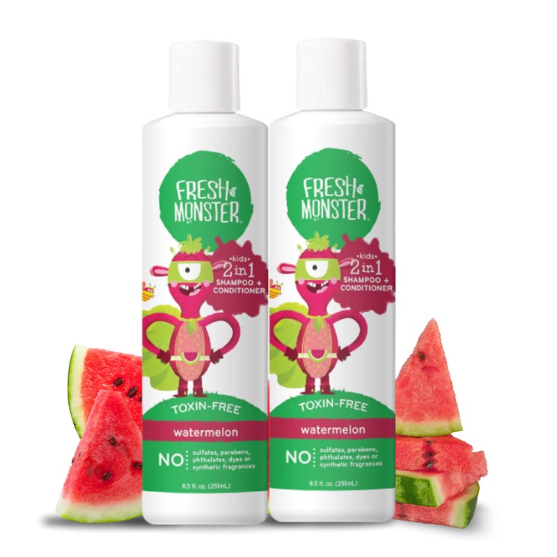 Fresh Monster 2-in-1 Kids Shampoo & Conditioner, Toxin-Free, Hypoallergenic, Tear-free Shampoo & Conditioner for Kids, Watermelon (2 Pack, 8.5oz/each) - Image 1