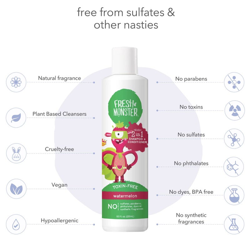 Fresh Monster 2-in-1 Kids Shampoo & Conditioner, Toxin-Free, Hypoallergenic, Tear-free Shampoo & Conditioner for Kids, Watermelon (2 Pack, 8.5oz/each) - Image 4