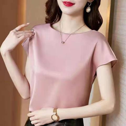 Ice Silk Short-sleeved Solid Color Satin T-shirt Womens Summer New Vest Large Size Womens Slim-fit Slimming Round Neck Base Shirt Pink - Image 1