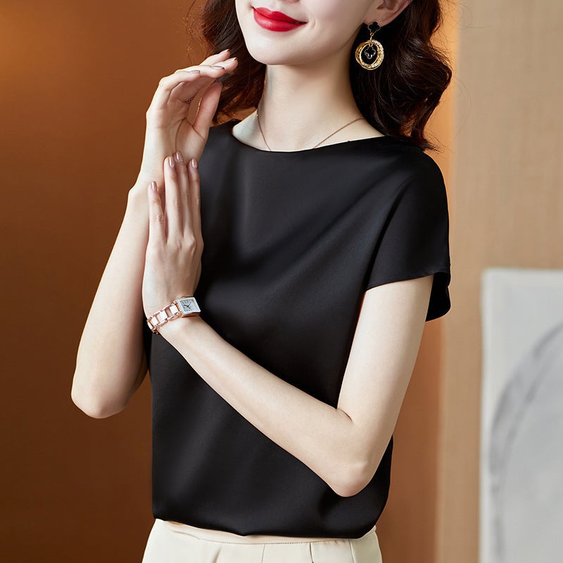 Ice Silk Short-sleeved Solid Color Satin T-shirt Womens Summer New Vest Large Size Womens Slim-fit Slimming Round Neck Base Shirt Pink - Image 2