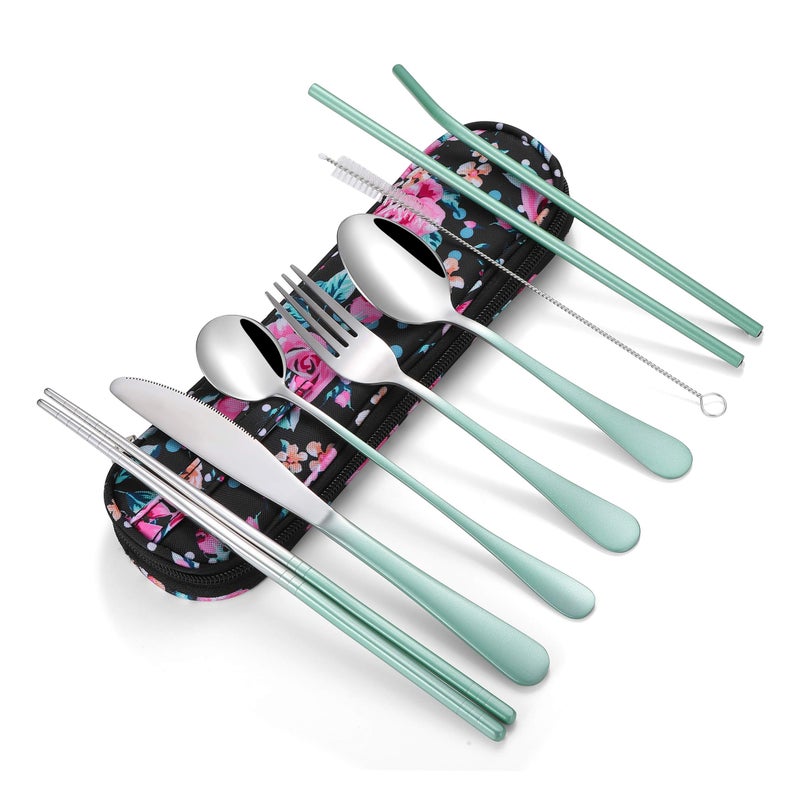 Travel UtensilsReusable Silverware Set To Go Portable Cutlery Set with a Waterproof Carrying Case for Lunch Boxes Workplace Camping Picnic GraGreen