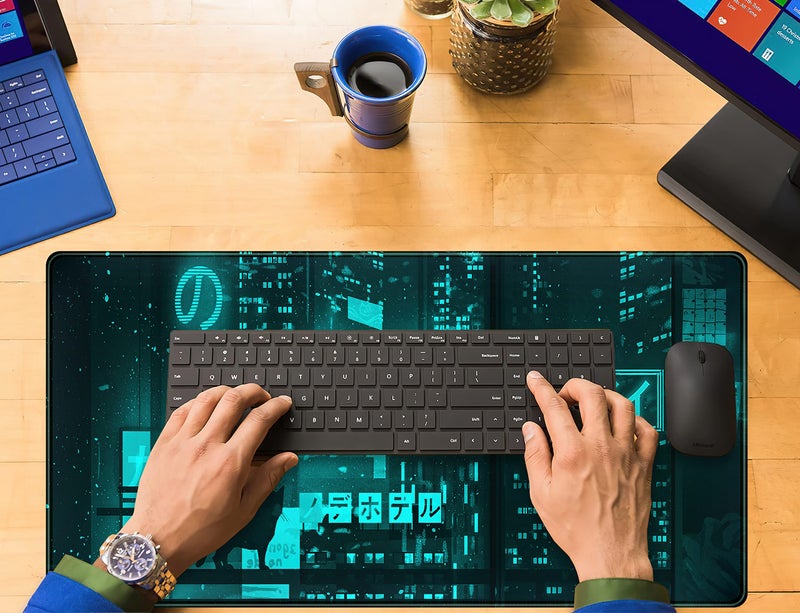 DSKGSJH Cyan Green Japanese Desk Mat, Neon Tokyo Extended Mouse Pad Anime Cat Desk Pad, Gaming Mousepad XXL, Large Keyboard Mat for Gamers, Cool Computer Mat for Desk with Stitched Edges 31.5X15.7 in - Image 5