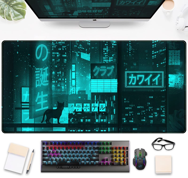 DSKGSJH Cyan Green Japanese Desk Mat, Neon Tokyo Extended Mouse Pad Anime Cat Desk Pad, Gaming Mousepad XXL, Large Keyboard Mat for Gamers, Cool Computer Mat for Desk with Stitched Edges 31.5X15.7 in - Image 2