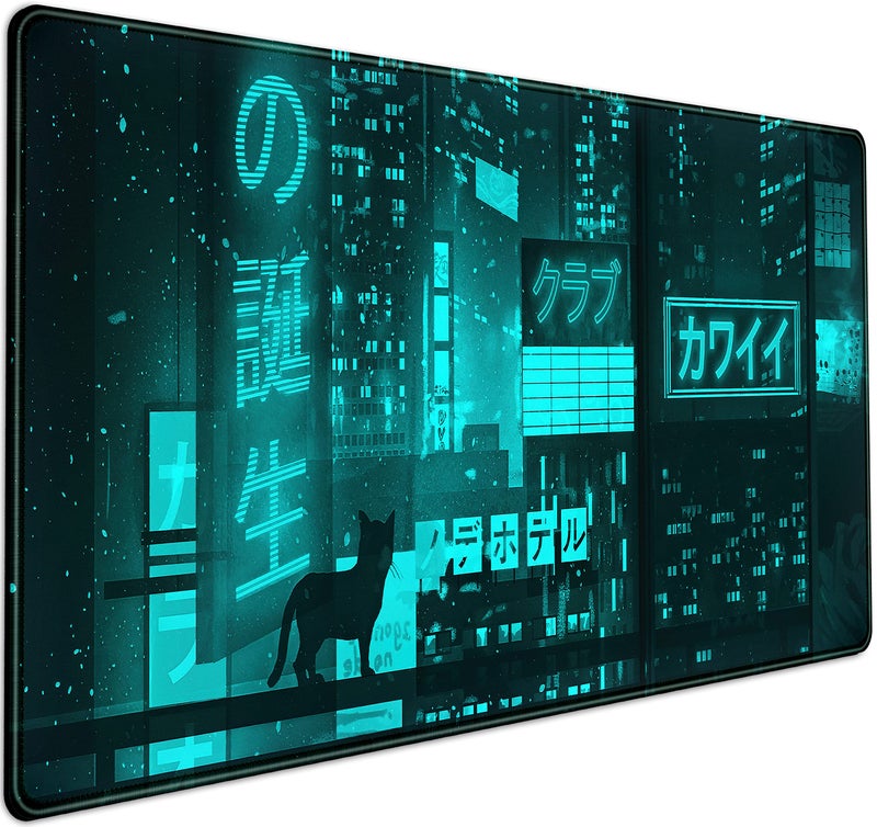 DSKGSJH Cyan Green Japanese Desk Mat, Neon Tokyo Extended Mouse Pad Anime Cat Desk Pad, Gaming Mousepad XXL, Large Keyboard Mat for Gamers, Cool Computer Mat for Desk with Stitched Edges 31.5X15.7 in - Image 1