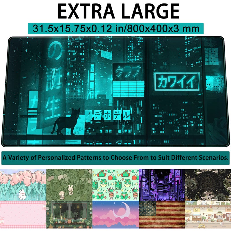 DSKGSJH Cyan Green Japanese Desk Mat, Neon Tokyo Extended Mouse Pad Anime Cat Desk Pad, Gaming Mousepad XXL, Large Keyboard Mat for Gamers, Cool Computer Mat for Desk with Stitched Edges 31.5X15.7 in - Image 3