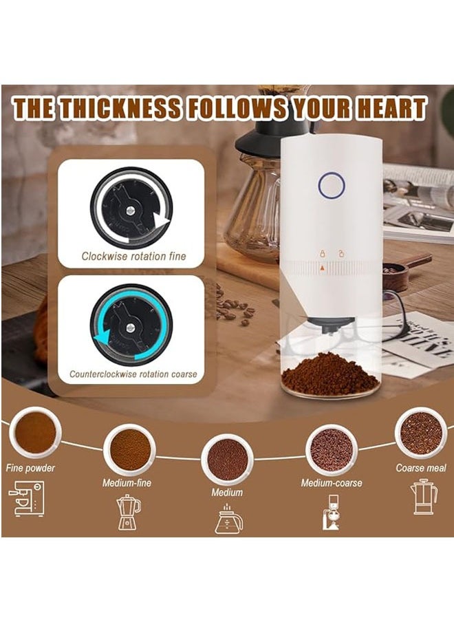 Electric Coffee Grinder, Portable Automatic Conical Grinder Coffee，USB Rechargeable Simple Push Button Operation with Brush,Removable Chamber for Home、Travel、Office Coffee Shop（White）