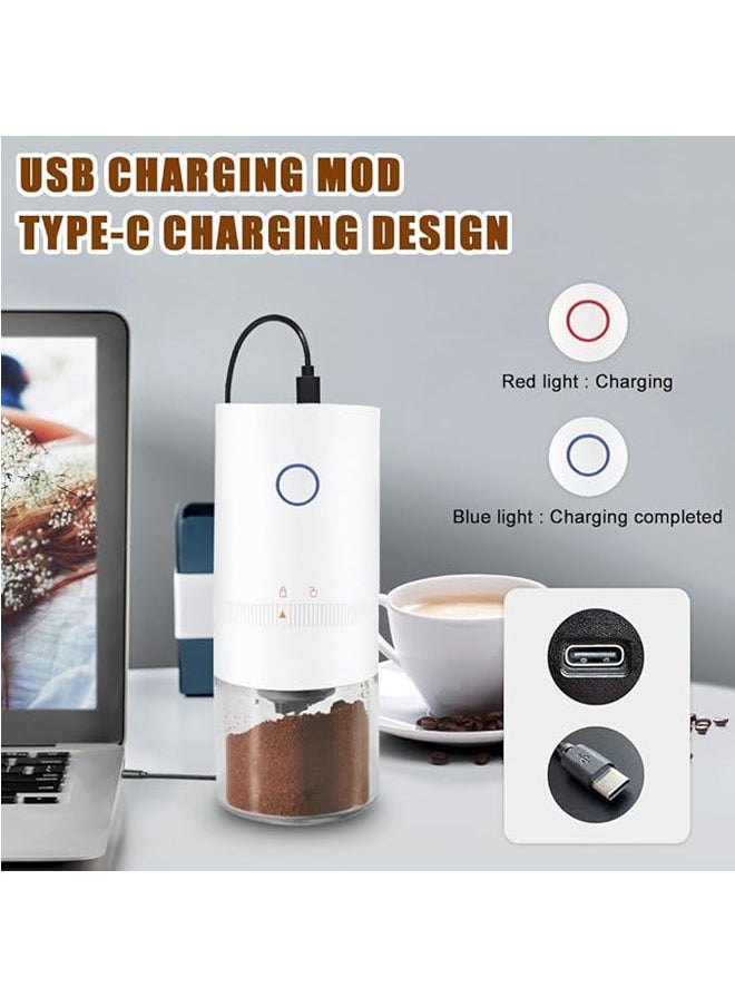Electric Coffee Grinder, Portable Automatic Conical Grinder Coffee，USB Rechargeable Simple Push Button Operation with Brush,Removable Chamber for Home、Travel、Office Coffee Shop（White）