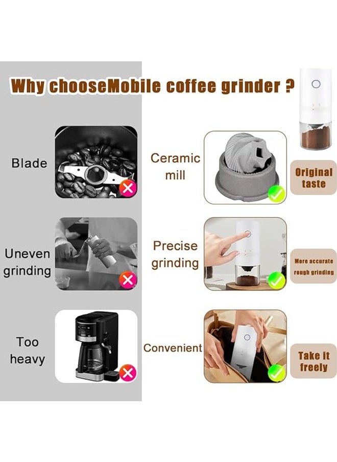 Electric Coffee Grinder, Portable Automatic Conical Grinder Coffee，USB Rechargeable Simple Push Button Operation with Brush,Removable Chamber for Home、Travel、Office Coffee Shop（White）