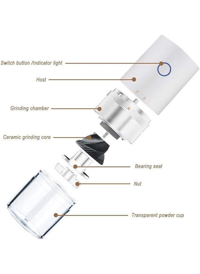Electric Coffee Grinder, Portable Automatic Conical Grinder Coffee，USB Rechargeable Simple Push Button Operation with Brush,Removable Chamber for Home、Travel、Office Coffee Shop（White）