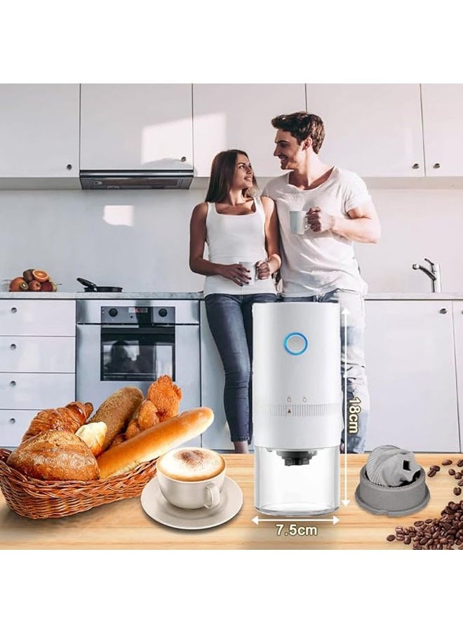 Electric Coffee Grinder, Portable Automatic Conical Grinder Coffee，USB Rechargeable Simple Push Button Operation with Brush,Removable Chamber for Home、Travel、Office Coffee Shop（White）