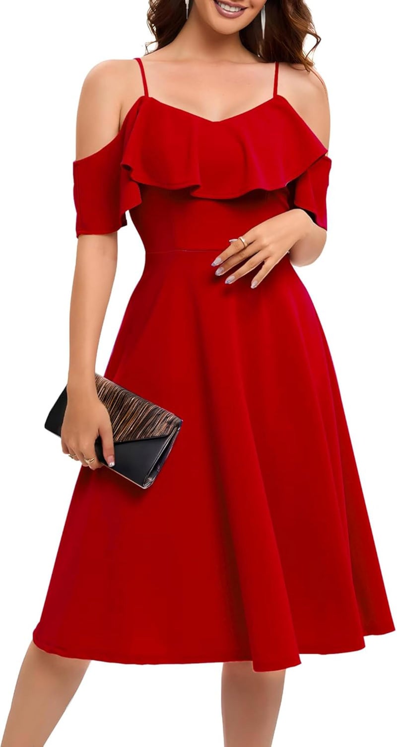 TATAIYA Women's Plus Size Off-Shoulder Cocktail Fit and Flare Dress (Red_XL) - Image 1