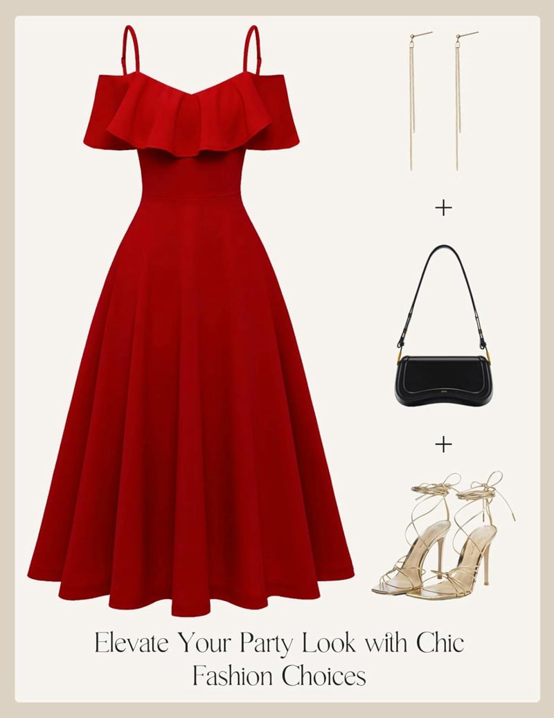 TATAIYA Women's Plus Size Off-Shoulder Cocktail Fit and Flare Dress (Red_XL) - Image 5