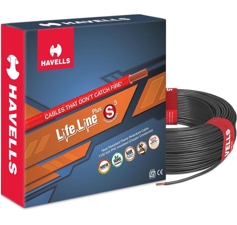 Havells LifeLine+ S3 | 2.5 sq.mm Copper Wire (180m-Black)| Class 2 Conductor (100% Copper), Heat Resistant & Flame Retardant - Ideal for Domestic & Industrial Use (WHFFDNKL12X57) - Image 1