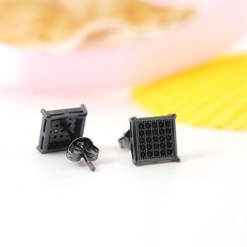 Tarsus Mens Square Earrings Black Stud Diamond Crystal Big 316L Surgical Stainless Steel Post for Sensitive Ear Cool Guy Jewelry Gift Men, Women Unisex 8mm -Tarsus - Image 3