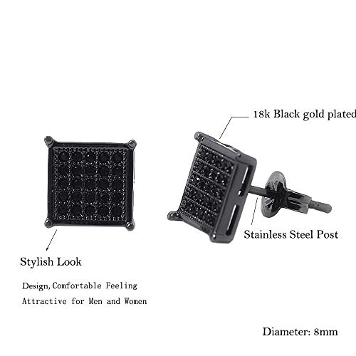 Tarsus Mens Square Earrings Black Stud Diamond Crystal Big 316L Surgical Stainless Steel Post for Sensitive Ear Cool Guy Jewelry Gift Men, Women Unisex 8mm -Tarsus - Image 5