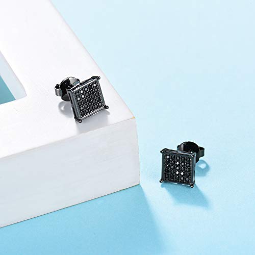 Tarsus Mens Square Earrings Black Stud Diamond Crystal Big 316L Surgical Stainless Steel Post for Sensitive Ear Cool Guy Jewelry Gift Men, Women Unisex 8mm -Tarsus - Image 4