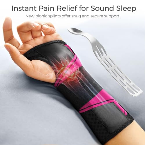 FREETOO Carpal Tunnel Wrist Brace Night Support Fit Right Hand for Work, Pain Relief Wrist Splint for Tendonitis, Arthritis, Wrist Stabilizer Brace Fit Women Men for Sleeping (Right, L/XL, Black/Pink) - Image 2