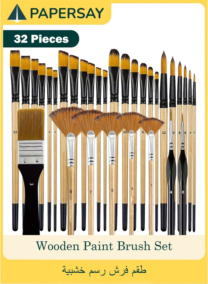 PAPERSAY 32 Pieces Paint Brush Set, Artist Series, Nylon Bristles with Round, Filbert, Flat, Fan, Angle, Fine Detail Brush, Suitable for Artists and Beginners for Acrylic Painting, Oil, Watercolor - Image 1