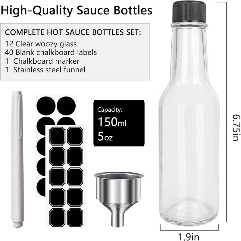 DHSBTLS 12 pcs 5 oz/ 150 ml Hot Sauce Glass Bottles with Leak Proof Screw Cap,Orifice Reducer Dripper Insert, Clear Oil Bottle for Kitchen, Home Brewing Wine & Juicing Bottles For Bordeaux Wine, Beverage - Image 2