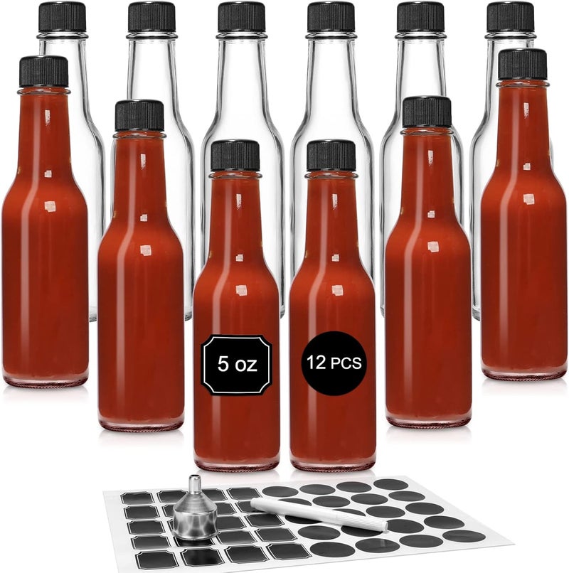 DHSBTLS 12 pcs 5 oz/ 150 ml Hot Sauce Glass Bottles with Leak Proof Screw Cap,Orifice Reducer Dripper Insert, Clear Oil Bottle for Kitchen, Home Brewing Wine & Juicing Bottles For Bordeaux Wine, Beverage - Image 1