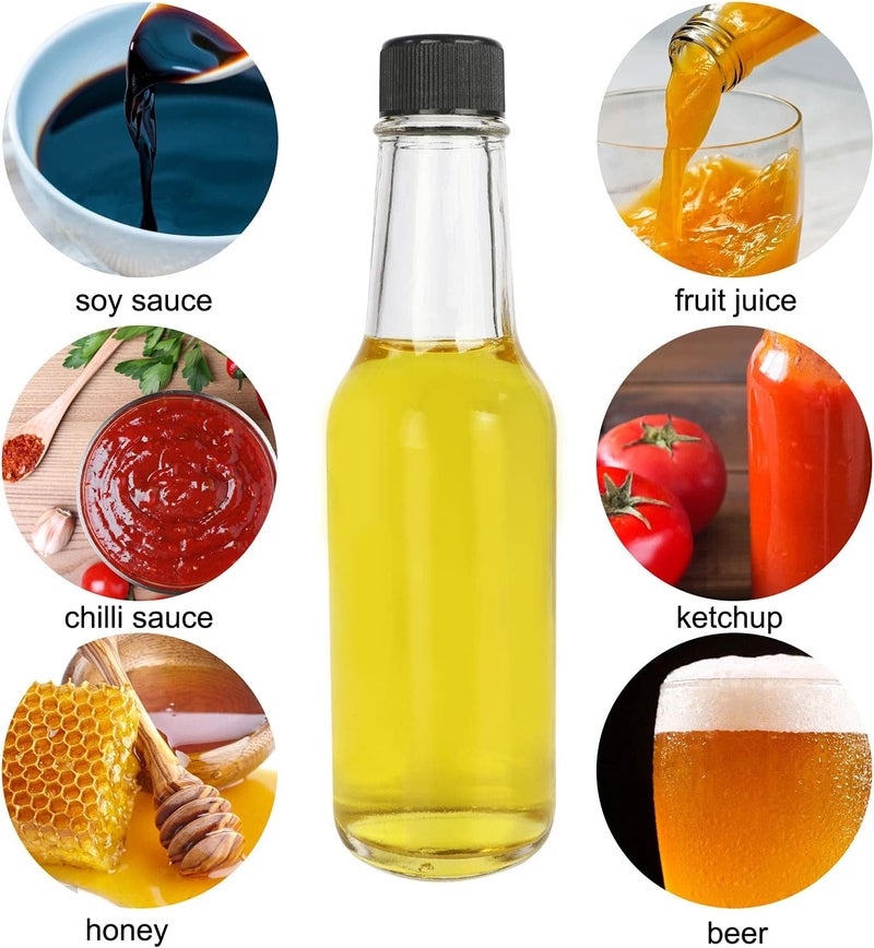 DHSBTLS 12 pcs 5 oz/ 150 ml Hot Sauce Glass Bottles with Leak Proof Screw Cap,Orifice Reducer Dripper Insert, Clear Oil Bottle for Kitchen, Home Brewing Wine & Juicing Bottles For Bordeaux Wine, Beverage - Image 5
