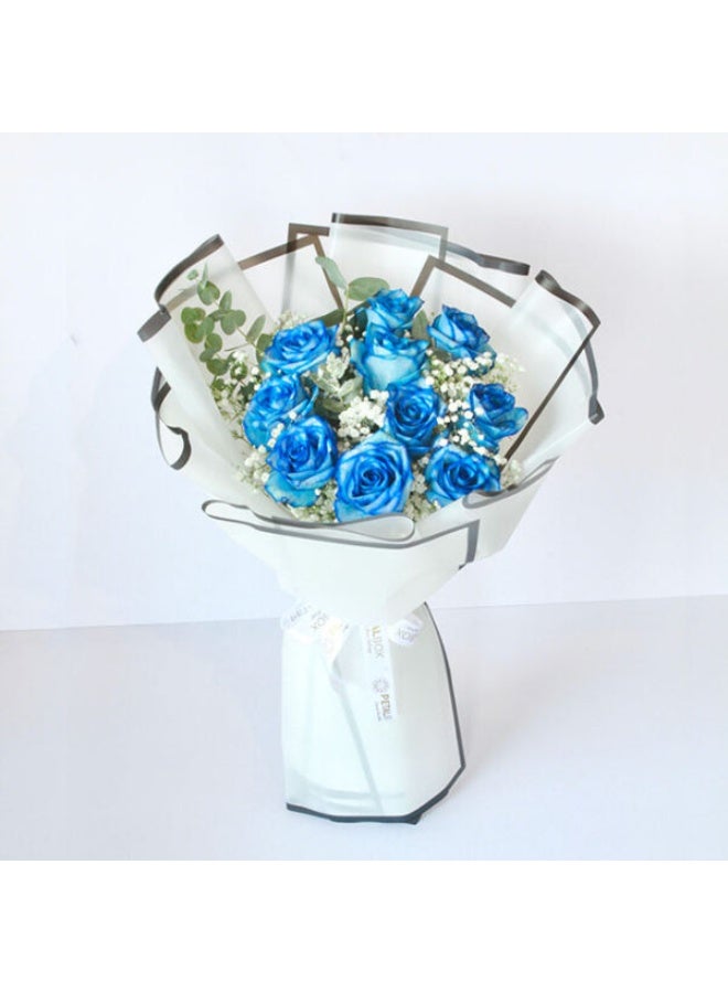 Generic 10 Pieces Blue Roses Water Dyed Organic Blue Roses White Gypsophila Eucalyptus With Black Edge Wrapping White Ribbon