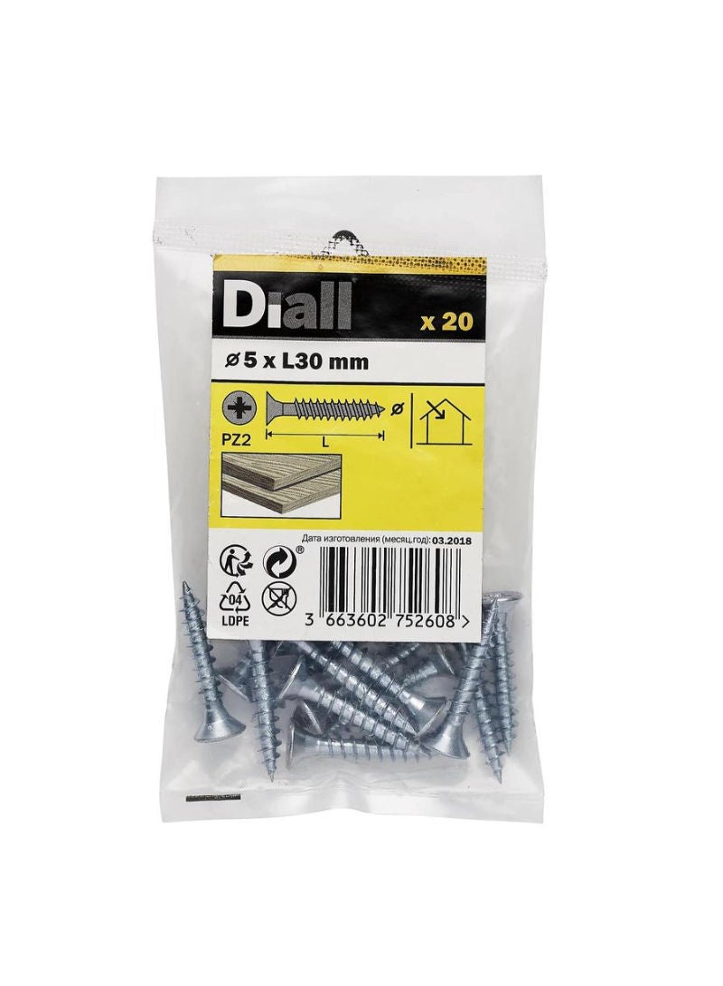 Zinc Plated Carbon Steel Wood Screw Pack 5 X 30 Mm 20 Piece