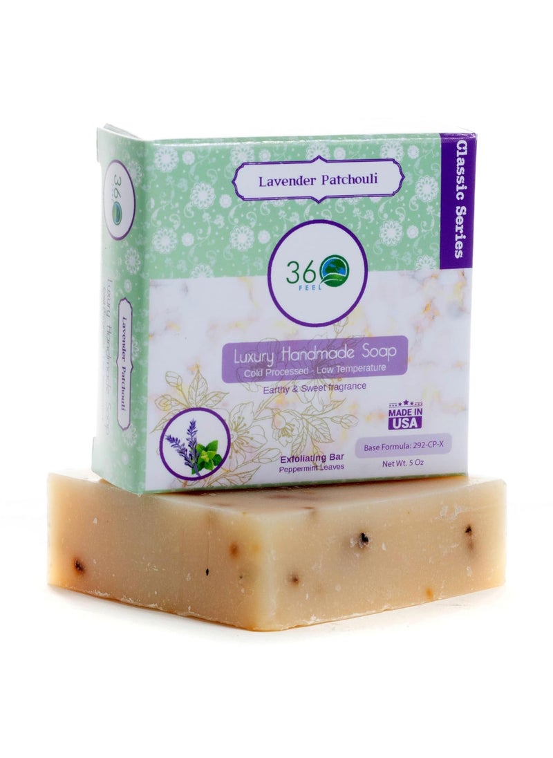 360Feel Lavender Patchouli Soap  5oz Castile Handmade Soap bar Refreshing Earthy with peppermint leaves Skin Scrub Exfoliation  Man SoapEssential Oils  Gift ready 