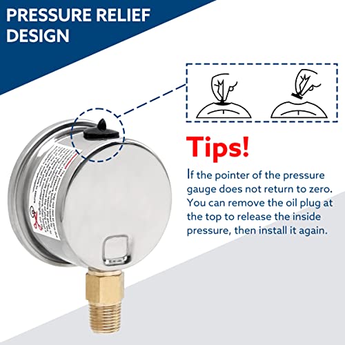SENCTRL 0-100 Psi Fuel Pressure Gauge, 1-1/2" Dial Size, 1/8" NPT Lower Mount, Glycerin Liquid Filled, Stainless Steel Case, Inline Low Pressure Gauge, for Water Oil Air Pressure Test - Image 5