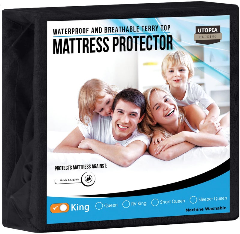 Utopia Bedding Waterproof Mattress Protector King Size  Premium Terry Mattress Cover 200 GSM  Breathable  Fitted Style with Stretchable Pockets (Black) - Image 1