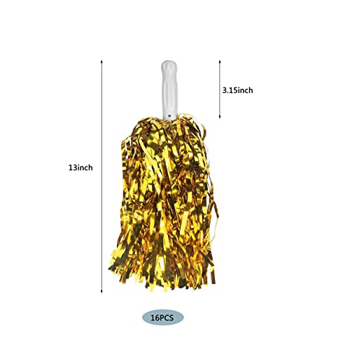 PPXMEEUDC 16PCS Cheerleading Pom Poms Metallic Foil Plastic Pom Poms with Baton Handle for Game Sports Squads Dancing Party Football Basketball Club Spirit Sports Stage Performance Celebration (Gold) - Image 2