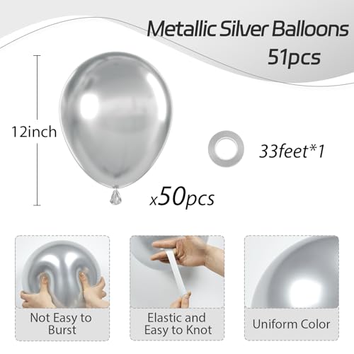 Awenztech Metallic Silver Balloons 12 inch Chrome Silver Latex Balloons 50pcs Party Balloons for Graduation Wedding Baby Shower Disco Birthday Party Decorations - Image 5