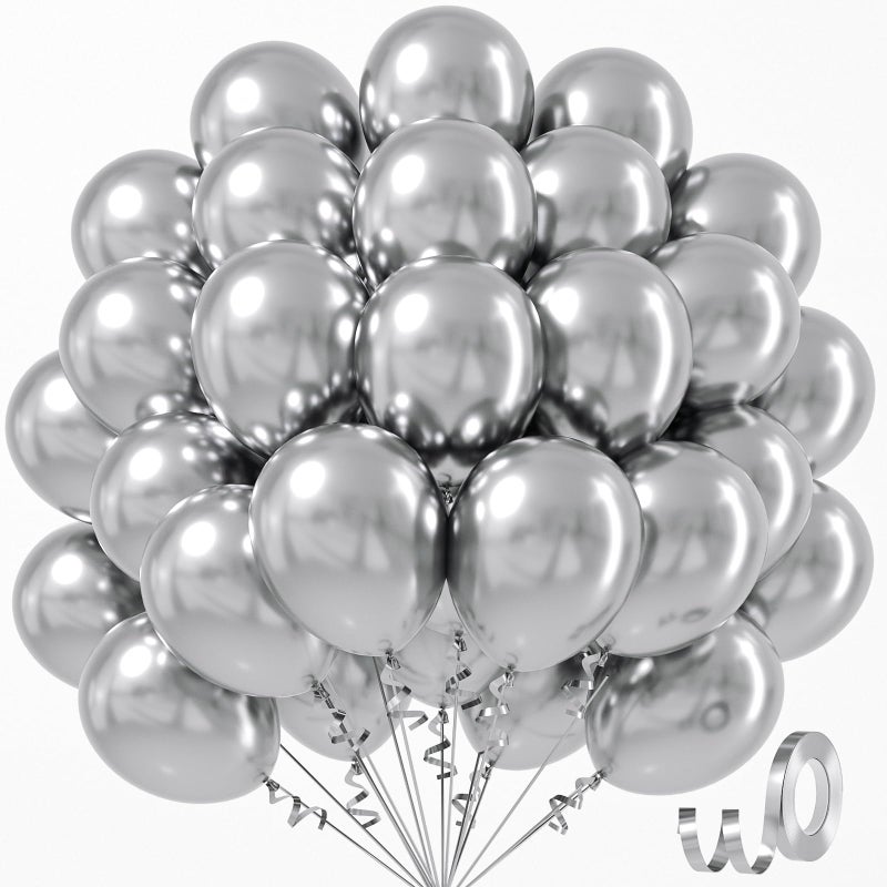Awenztech Metallic Silver Balloons 12 inch Chrome Silver Latex Balloons 50pcs Party Balloons for Graduation Wedding Baby Shower Disco Birthday Party Decorations - Image 3