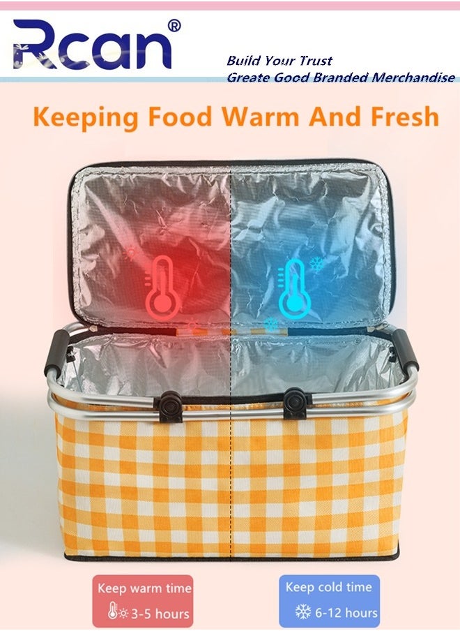 Large-Capacity Picnic Basket, Folding Portable Lunch Bag, Oxford Cloth Waterproof Insulated Aluminum Frame Basket, 30L Cooler Bag Basket for Camping, Travel, Outdoor Party